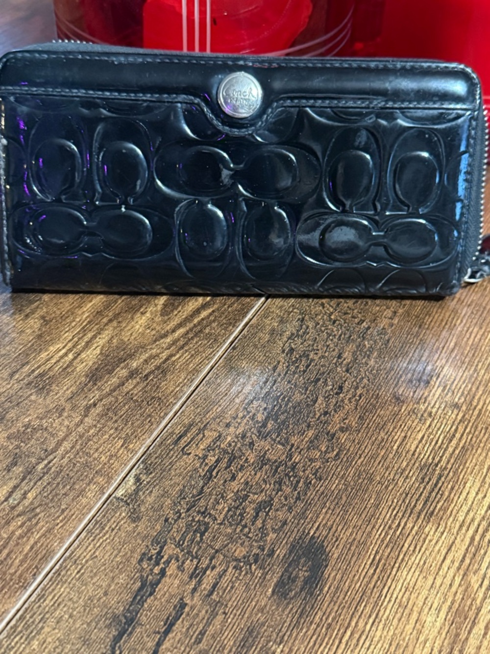 Coach Black Patent Leather Signature Zip Wallet